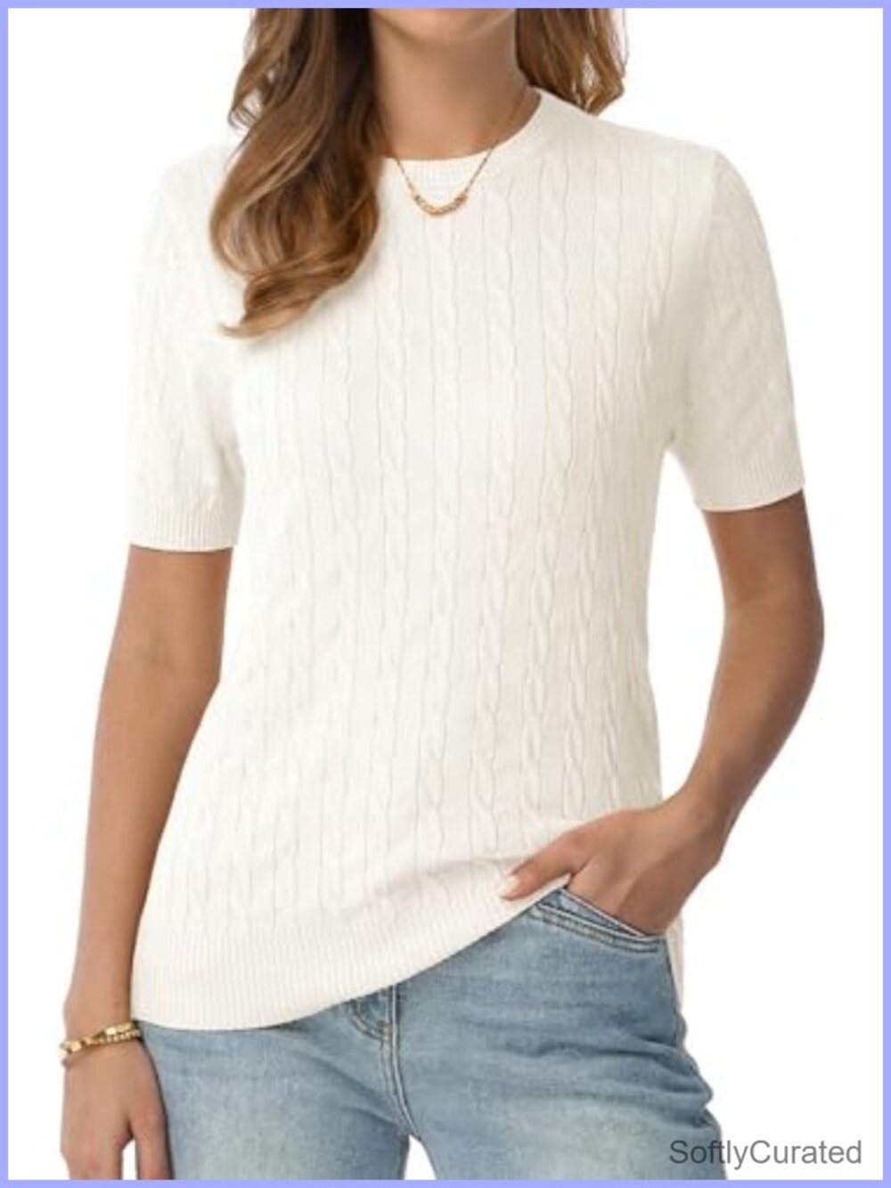 Cable Knit Short Sleeve Sweater Crew Neck Pullover Lightweight